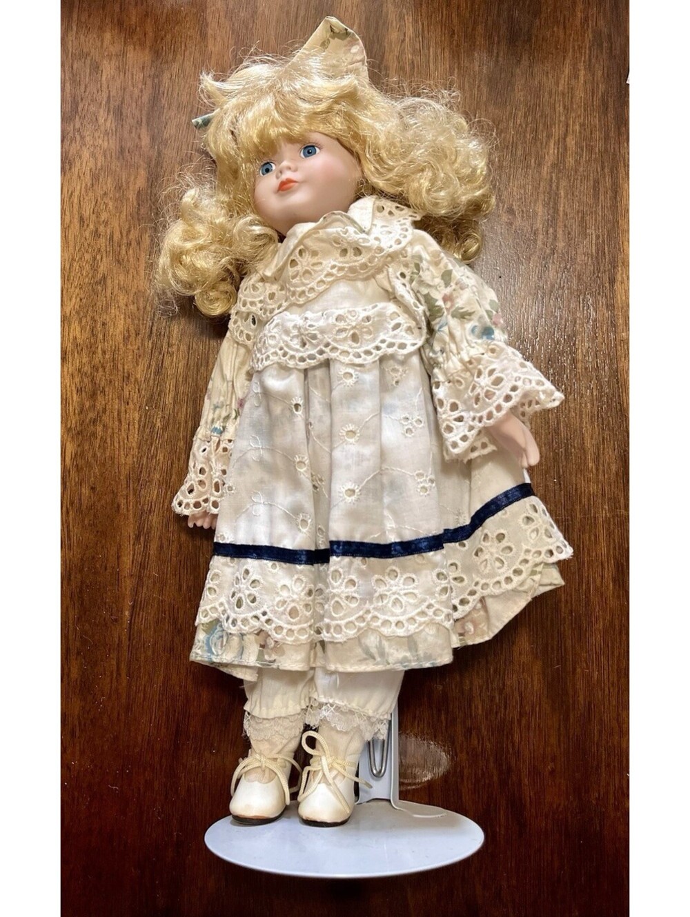 Vintage Collectible 15” Porcelain Doll & White Metal Stand Included